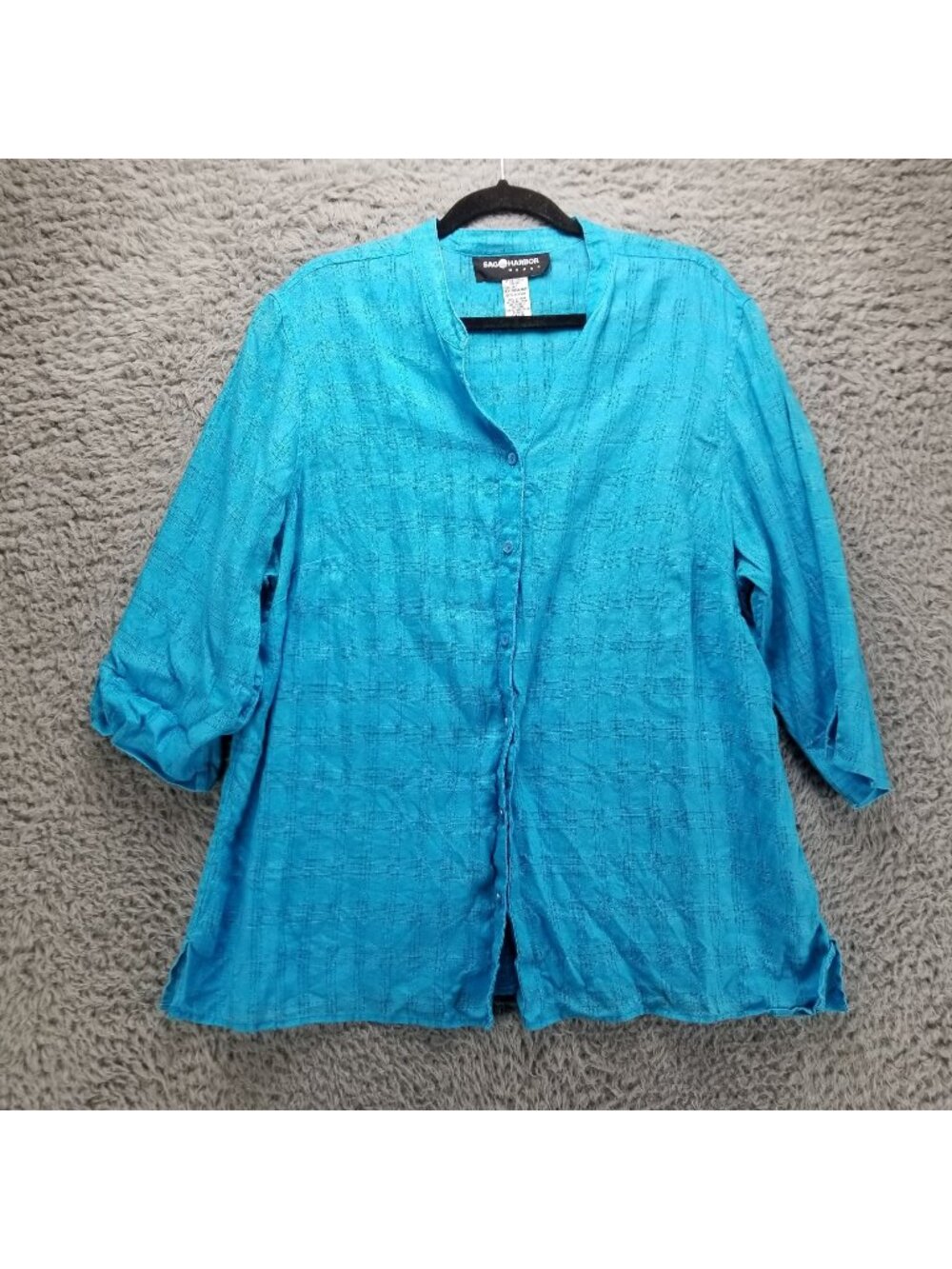 Sag Harbor Shirt Womens 1X Blue 100% Linen Button Up 3/4 Sleeve Blouse *Read*